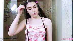 Shower tempts long-haired brunette model into daddy's massage tease?