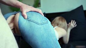 fit babe in ripped jeans squirms and cums hard from deep pounding