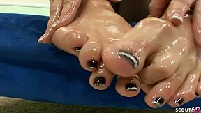 Blonde Jasmine Jolie saggy tits slim waist hard fucked cum on feet