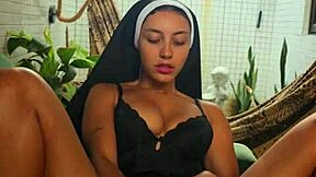 Latina freak orgasms hard stuffing monster vibrator in tight hairy pussy