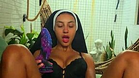 Latina freak orgasms hard stuffing monster vibrator in tight hairy pussy