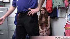 Redhead milf and petite shoplifter teen get rough fucked by mall cop