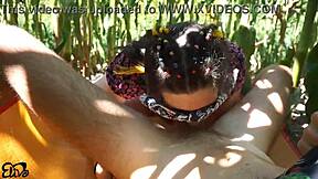 Girlfriend flashes big natural tits for horny cornfield blowjob