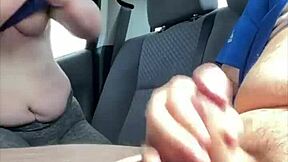 Topless Hooker Rubs Cum-Filled Mouth On Cock In Car