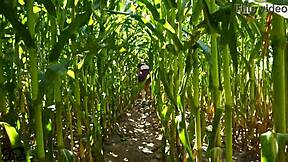 Girlfriend flashes big natural tits for horny cornfield blowjob