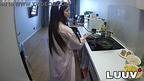 Luuv cooks topless dinner in kitchen homemade cam