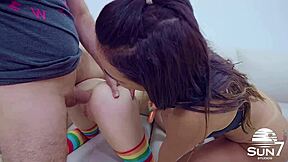 hardcore threesome with blonde and brunette pounding tight pussies?