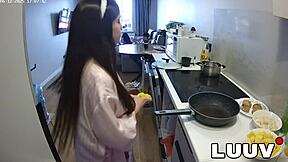 Luuv cooks topless dinner in kitchen homemade cam