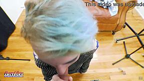 shy petite blue-haired nerd gives sloppy deepthroat with innocent eyes