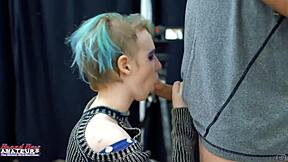 shy petite blue-haired nerd gives sloppy deepthroat with innocent eyes