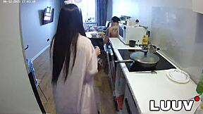 Luuv cooks topless dinner in kitchen homemade cam