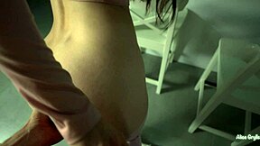 shaved brunette teen from shower squirts explosive pussy orgasm kitchen riding big cock creampie