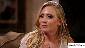 brunette and blonde lesbians trib and lick shaved pussies in hot 3some.