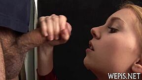 barely legal teen pisses sloppy on desk while sucking hardcore cock