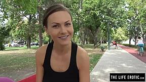 Cute jogger fingers herself outdoors almost gets caught!!