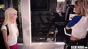 Busty blonde stepmom Jessa Rhodes fucks petite teen Piper Perri's small tits pussy