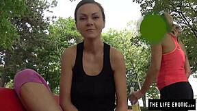 Cute jogger fingers herself outdoors almost gets caught!!