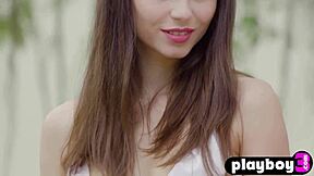 Petite brunette milf strips lingerie outdoors exposing small tits pussy for sexy playboy poses