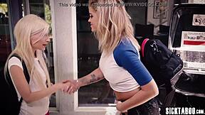 Busty blonde stepmom Jessa Rhodes fucks petite teen Piper Perri's small tits pussy