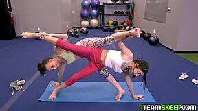 Sweaty brunette latina lesbians grind pussies hot in gym shower tribbing frenzy