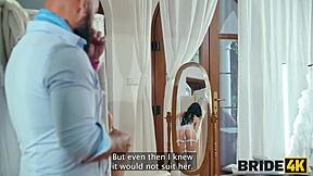 Sexy skinny brunette bride gives young body to wedding salon owner with huge dick