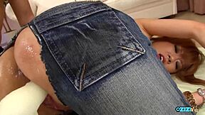 Jeans ripped oiled hairy pussy banged creampie finish