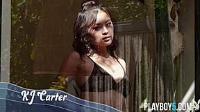 Gorgeous Petite Asian Model KJ Carter Strips Completely Nude