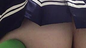 russian brunette rides dildo reverse cowgirl close-up skirt small tits cum mouth tease