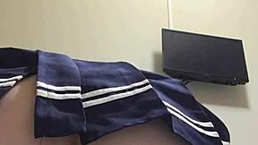 russian brunette rides dildo reverse cowgirl close-up skirt small tits cum mouth tease