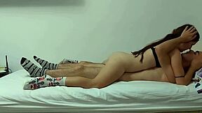hot teen couple in cute socks wake up for passionate midnight doggystyle creampie.