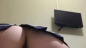 russian brunette rides dildo reverse cowgirl close-up skirt small tits cum mouth tease