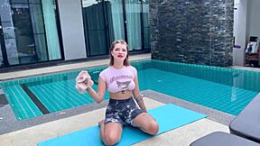 pretty college brunette 18 year old yoga stepsis bends over for old cock creampie