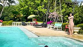 CURVY colombian lesbians lick wet pussies poolside orgy!