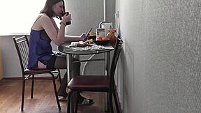 Sexy Cute Brunette Wife's Erotic Morning In Lingerie Stockings Kitchen Ass Tease