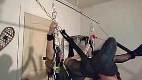 rhianna chained in swing, wanna see her tied pussy get pounded?