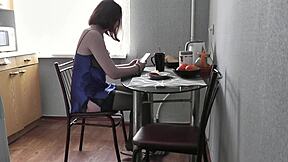 Sexy Cute Brunette Wife's Erotic Morning In Lingerie Stockings Kitchen Ass Tease