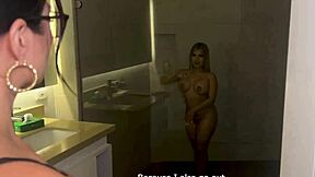 Caliente LATINA MILF with round tits EATS curvy blonde's WET PUSSY in hot bathroom
