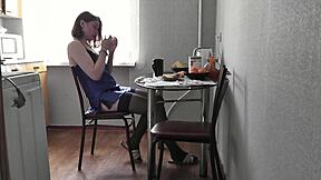 Sexy Cute Brunette Wife's Erotic Morning In Lingerie Stockings Kitchen Ass Tease
