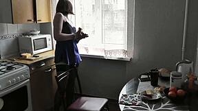 Sexy Cute Brunette Wife's Erotic Morning In Lingerie Stockings Kitchen Ass Tease