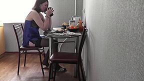 Sexy Cute Brunette Wife's Erotic Morning In Lingerie Stockings Kitchen Ass Tease