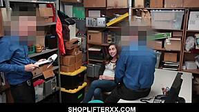 Caught stealing, innocent teen Lexi Lovell sandwiched by guard cocks?