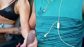 Car ride turns into wild flashing creampie fuck