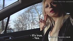 Red lip blonde hitchhiker sucks cock hard in car