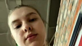 Horny big tits teen whore masturbates shaved pussy before extreme public quickie fuck