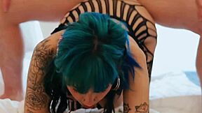 big titty goth babe in spiderweb lingerie deepthroats then rides quick