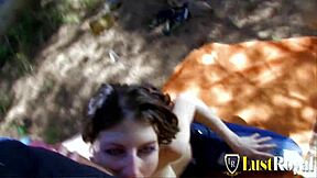 Curly teen Sabrina's floppy tits bounce in outdoor deep fuck ride