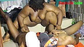 chubby african bbw plays blowjob game sucking two ebony bbc deep