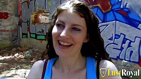 Curly teen Sabrina's floppy tits bounce in outdoor deep fuck ride