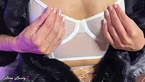 brunette in fur coat pantyhose vibes pussy to squirt closeup