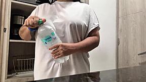 juicy big natural tits babe masturbates in hotel kitchen?